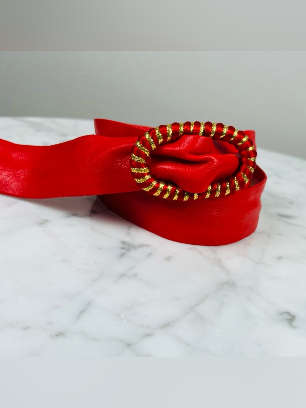 Vintage 1990s Cherry Red Belt – Gold-Tone Rope Buckle – Retro Statement - Picture 2 of 6